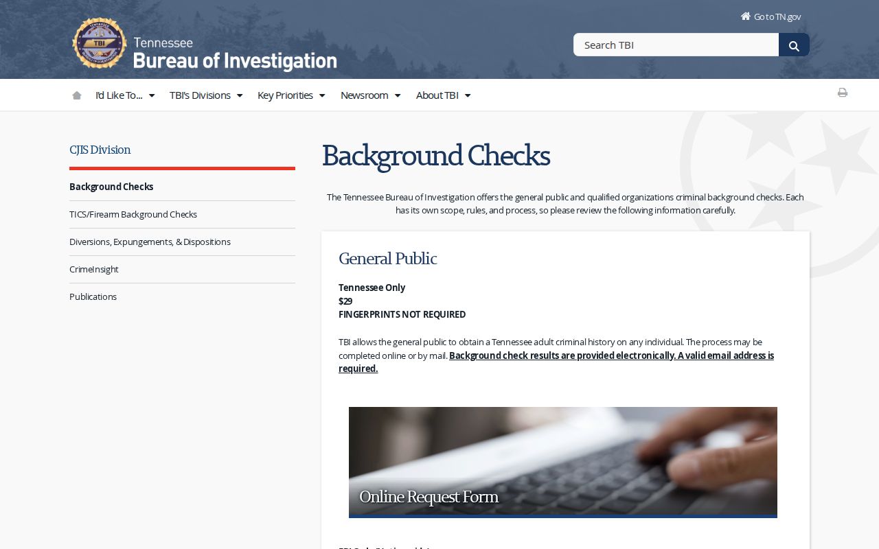 Wilson County criminal history TBI background check page