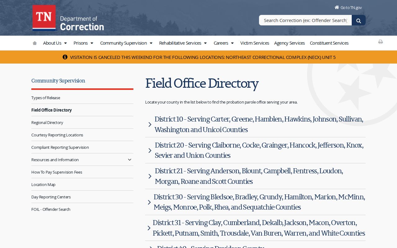 Wilson County criminal history TDOC supervision office directory