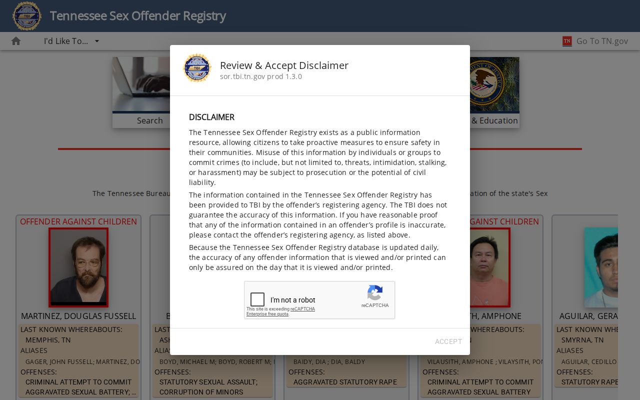 Wilson County sex offender registry search on the official TBI portal